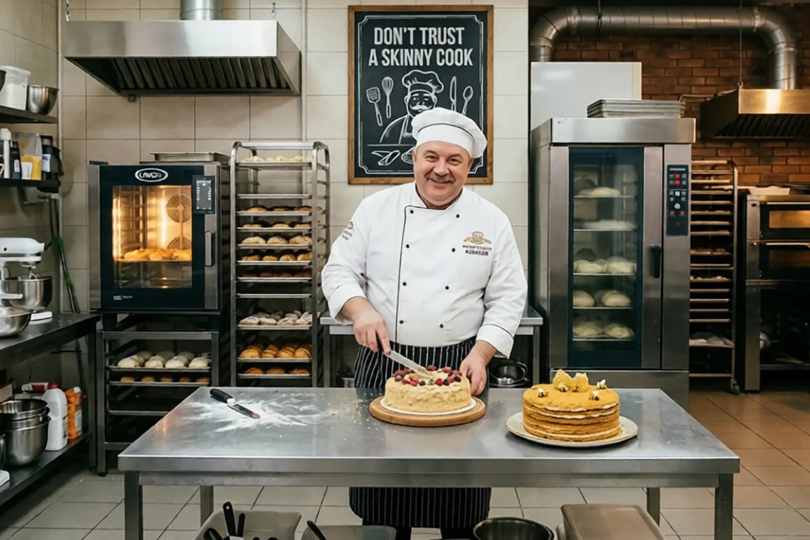 Baker preparing a fresh cake in a warm home kitchen