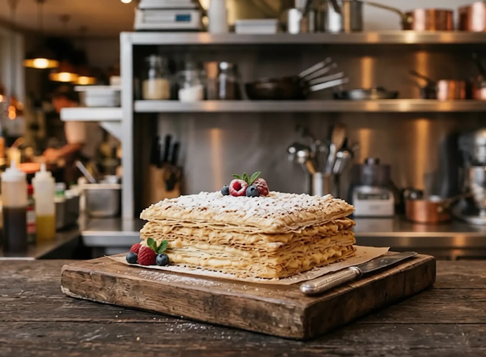 Layered Napoleon cake with golden pastry and cream